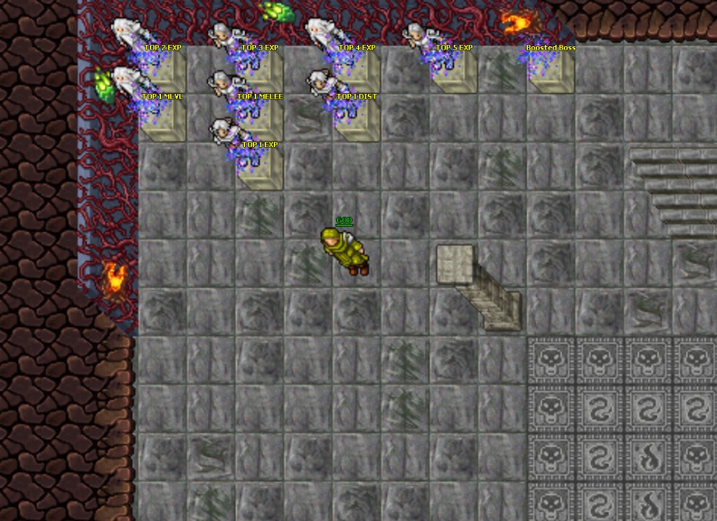 Hall of Fame room at spawn: TOP EXP, MAGIC, SWORD, AXE, CLUB, DIST and FRAGER pedestals.